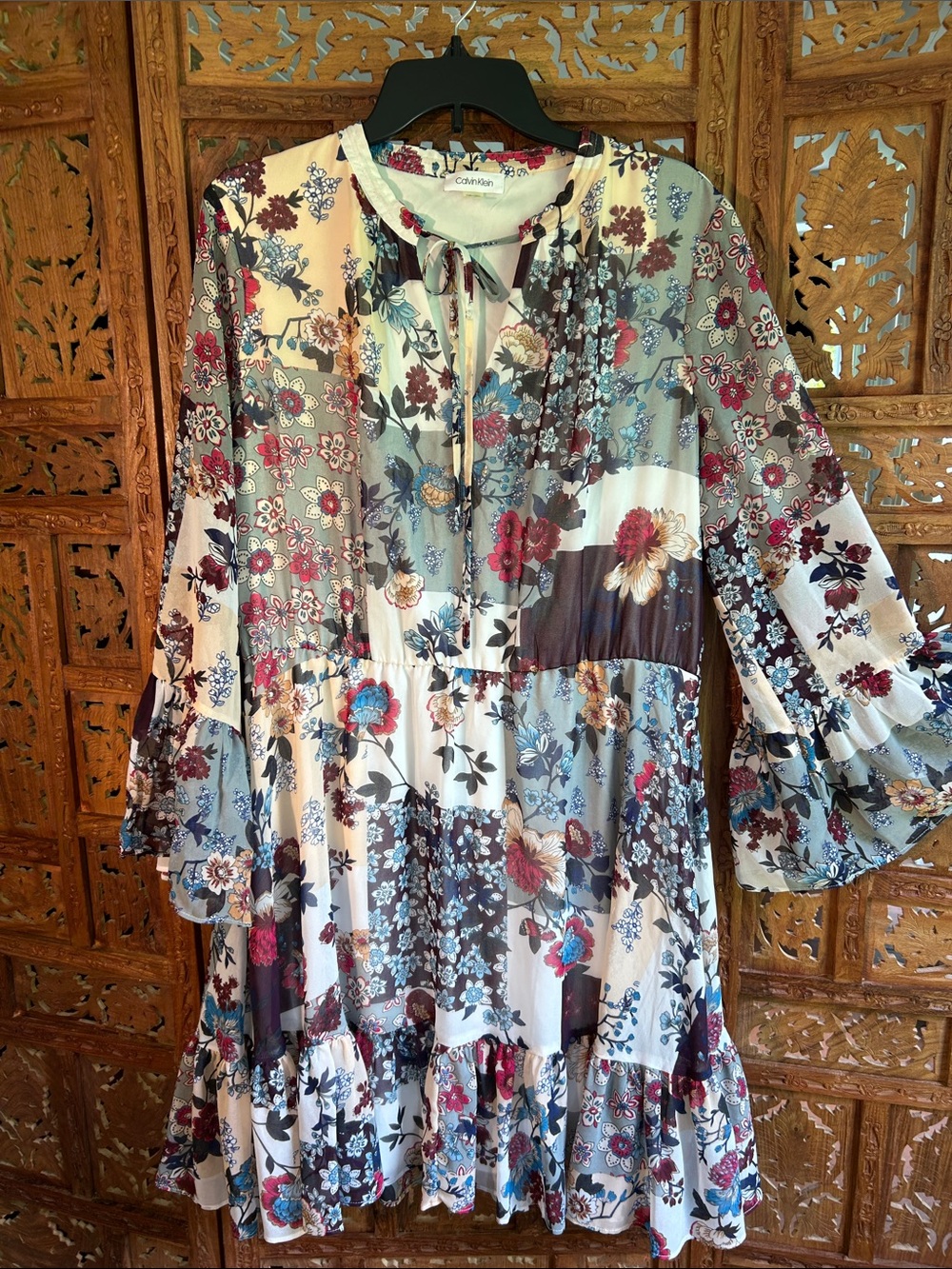 Calvin Klein Floral Patchwork Tunic Dress in Cream, Blue, Burgundy